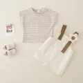 Conjunto de algodón para niña con camiseta de rayas marrones y falda de peto blanca - 73cm / Blanco Roto