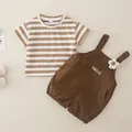 Lindo conjunto de algodón para niñas con camiseta de rayas marrones y peto smile - 73 / Café Oscuro