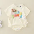 Beige infant cotton bodysuit with 3D plush puppy toy and colorful 3D letters - Top And Bottom (Rabbit Doll Triangle Applique Style) / Off White / 73cm