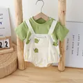 Short sleeve baby bodysuit set in bean green and beige with cartoon dinosaur print - Dinosaur Fake Two-Piece Green