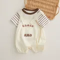 Short-sleeved cotton baby romper with striped pattern and cute bear prints in cream and brown - 66 / Beige