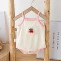 Infant girls cherry strap romper in creamy white with pink lace trim and 3D applique - 66 / Off White