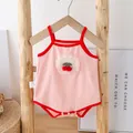 Pink cotton baby bodysuit featuring cherry embroidery and red lace trims for infants - 66 / Pink