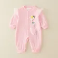 Pink waffle knit baby girl romper featuring delicate lace ruffles and floral detail - 66 / Pink