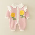 Pink waffle knit baby romper featuring white Peter Pan collar and yellow sunflower patches - 66CM / Pink