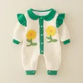Infant waffle knit romper in off-white with green collar and sunflower patches - 66CM / Green