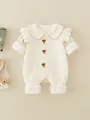 Newborn cream cotton romper with delicate red flower embroidery and ruffles - 66 / Beige