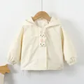 Creamy beige hooded windbreaker for girls featuring cute 3D bunny accents and elastic cuffs - 100cm / Off White