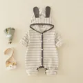 Striped baby romper with cute bunny ear hood and smiley patch in beige cotton - 66 / Brown