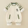 Quilted cotton baby romper with cute green dinosaur embroidery and striped sleeves - 66 / Green