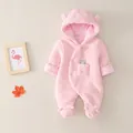 Rosa Baby-Fleece-Einteiler mit Kapuze, Tierohren und süßem Bärendesign - Mit Fuß / Rosa / 59cm