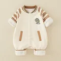 Baby cotton waffle knit romper with brown striped sleeves and cute dinosaur embroidery - 66 / Brown