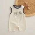 Beige cotton baby romper with cute green 3D dinosaur doll and contrast binding trim - Top And Bottom (3D Dinosaur Contrast Style (1116)) / Beige / 73cm