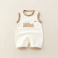 Sleeveless cotton baby romper in cream with brown trim and cute cartoon bears - Top And Bottom (Cartoon Brown Bear Style (8093)) / White / 73cm