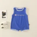 Blue cotton baby romper in basketball jersey style with athletic stripes and buttons - Top And Bottom (Sporty Stripe Style (2249)) / Light Blue / 73cm