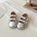 Silver patent leather toddler shoes with double straps and white pearl accents - Size 21 (Inner Length 13.9cm) / Silver