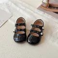 Classic black patent leather Mary Jane shoes for girls with double bows and pearl accents - Size 21 (Inner Length 13.9cm) / Black