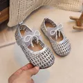 Silver woven Mary Jane girls shoes with pearl lace bow and velcro strap - EU 23 / Silver