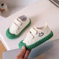 Beige kids canvas sneakers with green rubber soles and smiley face velcro straps - EU 24 / Green