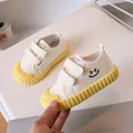 Kids canvas velcro sneakers in cream with yellow rubber toe cap and smile pattern - EU 24 / Yellow