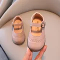Pink Mary Jane shoes for girls with classic brogue cutout patterns and metal buckles - Insole Length 13.5cm / Pink