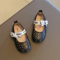 Classic black girl's loafers with hollow patterns and white bowknot decoration - Size 21 (Internal 13.8) / Black