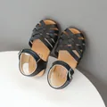 Girls black woven sandals with adjustable buckle strap and soft tan sole beach shoes - Size 21 (Inner 13.5cm) / Black