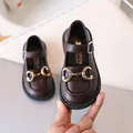 Dark brown Mary Jane leather shoes for girls with golden horsebit metal buckle detail - Size 30 Inner Length 18.3cm / Brown