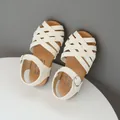 Girls' woven cream gladiator sandals with soft soles and buckle ankle straps - Size 21 (Inner 13.5cm) / White