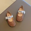 Classic brown matte girls loafers with hollow-out patterns and bow detail - Size 21 (Internal 13.8) / Dark Brown