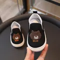 Kids black slip-on canvas shoes with cute brown bear embroidery and white rubber soles - Size 20 (Inner Length 12.5CM) / Cartoon Bear Style / Black