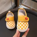 Yellow and white checkered kids canvas shoes with convenient velcro strap closure - Size 20 Inner Length 12.5CM / Yellow White Plaid
