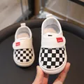 Kids black and white checkerboard canvas slip-on sneakers with red logo tab - Size 20 Inner Length 12.5CM / Black and White Plaid