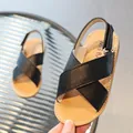 Kids black lychee leather sandals with cross straps and velcro heel support - EU 21 / Black