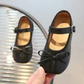 Classic black matte girls Mary Jane shoes with a stylish bow and adjustable strap - Size 21 (Internal 13.8) / Black