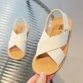 Kids white faux leather summer sandals with brown footbed and velcro strap - EU 21 / White