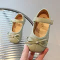 Pale green girls Mary Jane shoes with matte finish and stylish bow decoration - Size 21 (Internal 13.8) / Green