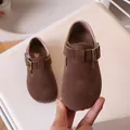 Brown suede Mary Jane shoes for children featuring vintage metal buckles and round toes - Size 24 (Internal 15.0cm) / Dark Brown