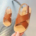 Brown leather children's Roman sandals with cross straps and adjustable velcro strap - EU 21 / Tan