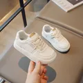 Classic white leather kids sneaker with velcro strap and breathable perforated toe box - Size 26 Inner Length 16.3cm / White