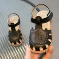 Sandales en cuir noir pour filles avec oreilles de chat et bout fermé ajouré - Taille 21 (Longueur Intérieure 14,5cm) / Noir