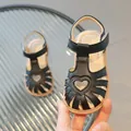 Black girls' heart cutout sandals with velcro strap and breathable closed toe design - Size 21 (Inner Length 14.5) / Black