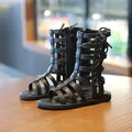 Black high-top Roman sandals for girls with hollow straps and side zipper closure - Size 21 (Inner Length 14.3cm) / Black