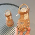 Brown toddler princess sandals with heart cut-outs and adjustable velcro straps - Size 21 (Inner Length 14.5) / Tan