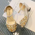 Golden sequins and white pearls decor on girl's Mary Jane princess high heel sandal - Size 26 (Inner Length 17.5cm) / Gold