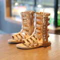 Beige high-top Roman sandals for girls with hollow straps and convenient side zipper - Size 21 (Inner Length 14.3cm) / Tan