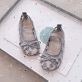 Grey Mary Jane shoes for toddler girls featuring floral embroidery and ribbon bow - Size 22 (14.0cm) / Gray