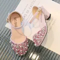 Pink glitter princess shoes for girls with pearl accents and square block heels - Size 26 (Inner Length 17.5cm) / Pink