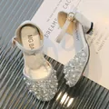 Silver sparkly girls princess sandals with pearls and glittery block heels for summer - Size 26 (Inner Length 17.5cm) / Silver