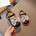 Girl's black Mary Jane leather shoes with floral bow and buckle strap detail - Size 22 (Inner Length 13.5cm) / Black